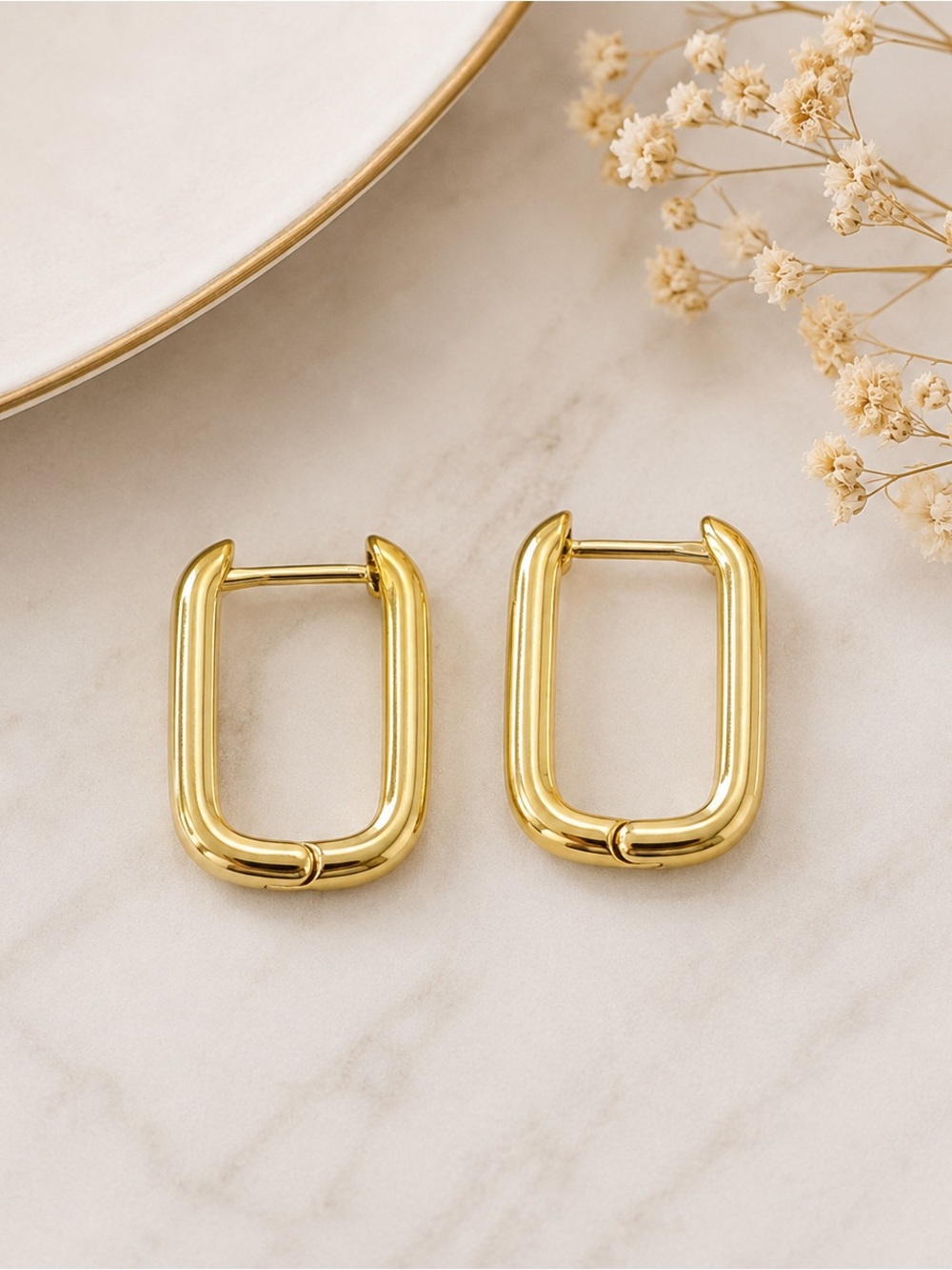 18k Gold Plated Rectangle Huggie Hoop Earrings Minimalist Statement Quiet Luxury